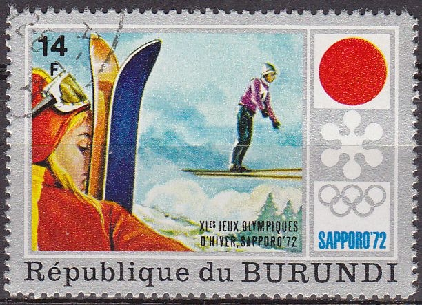 Burundi 1972 Scott 388 Sello * Juegos Olimpicos Sapporo Japon Saltos Ski 14F Matasello de favor Preobliterado